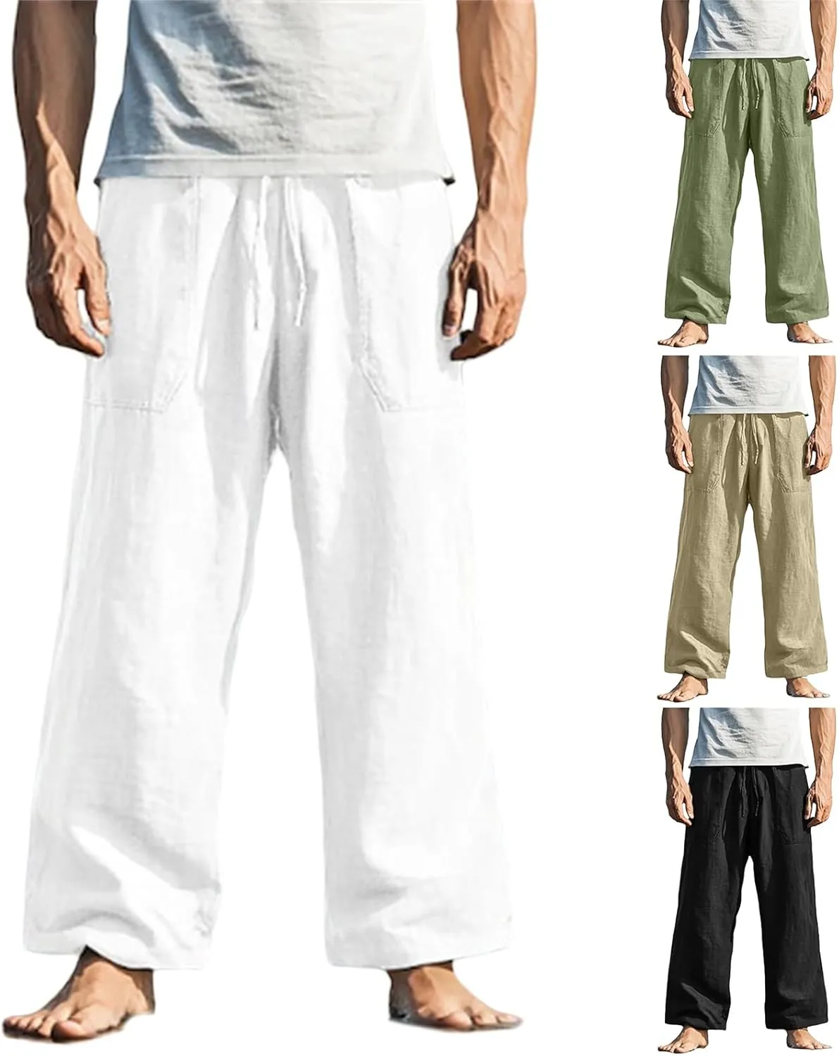Mens Straight Leg Pants Button Elastic Waist Hawaiian Casual Loose Fit Stylish Breathable Beach Trousers with Pockets