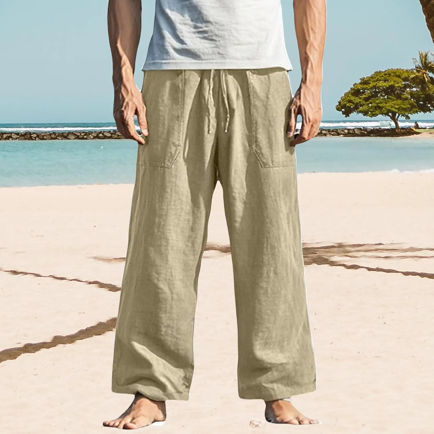 Mens Straight Leg Pants Button Elastic Waist Hawaiian Casual Loose Fit Stylish Breathable Beach Trousers with Pockets
