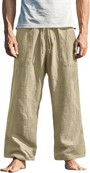 Mens Straight Leg Pants Button Elastic Waist Hawaiian Casual Loose Fit Stylish Breathable Beach Trousers with Pockets