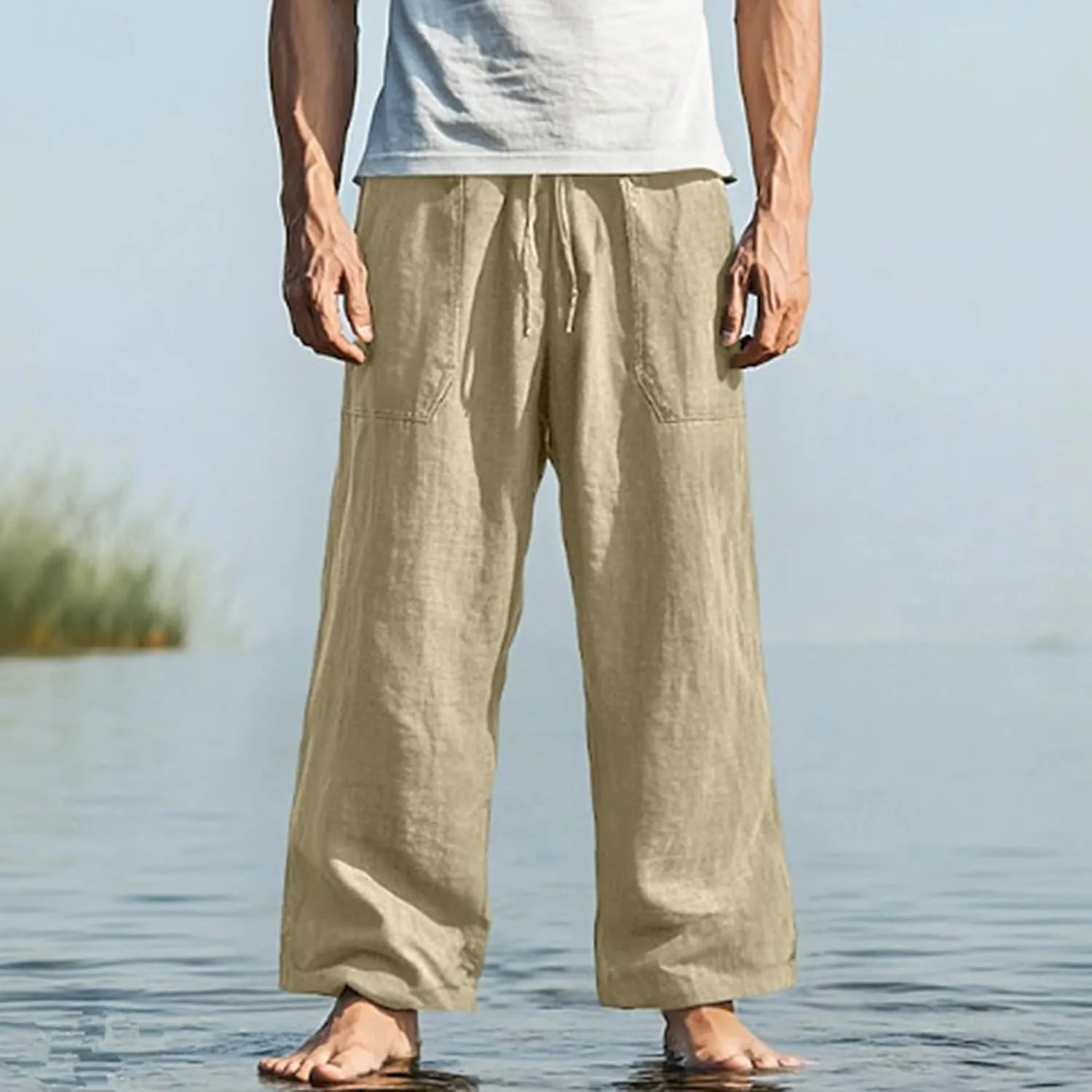 Mens Straight Leg Pants Button Elastic Waist Hawaiian Casual Loose Fit Stylish Breathable Beach Trousers with Pockets