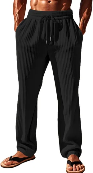 Men's Stylish Trousers Vertical Stripes Athletic Pants Solid Baggy Casual Pants Outdoor Athletic Trouser with Pockets