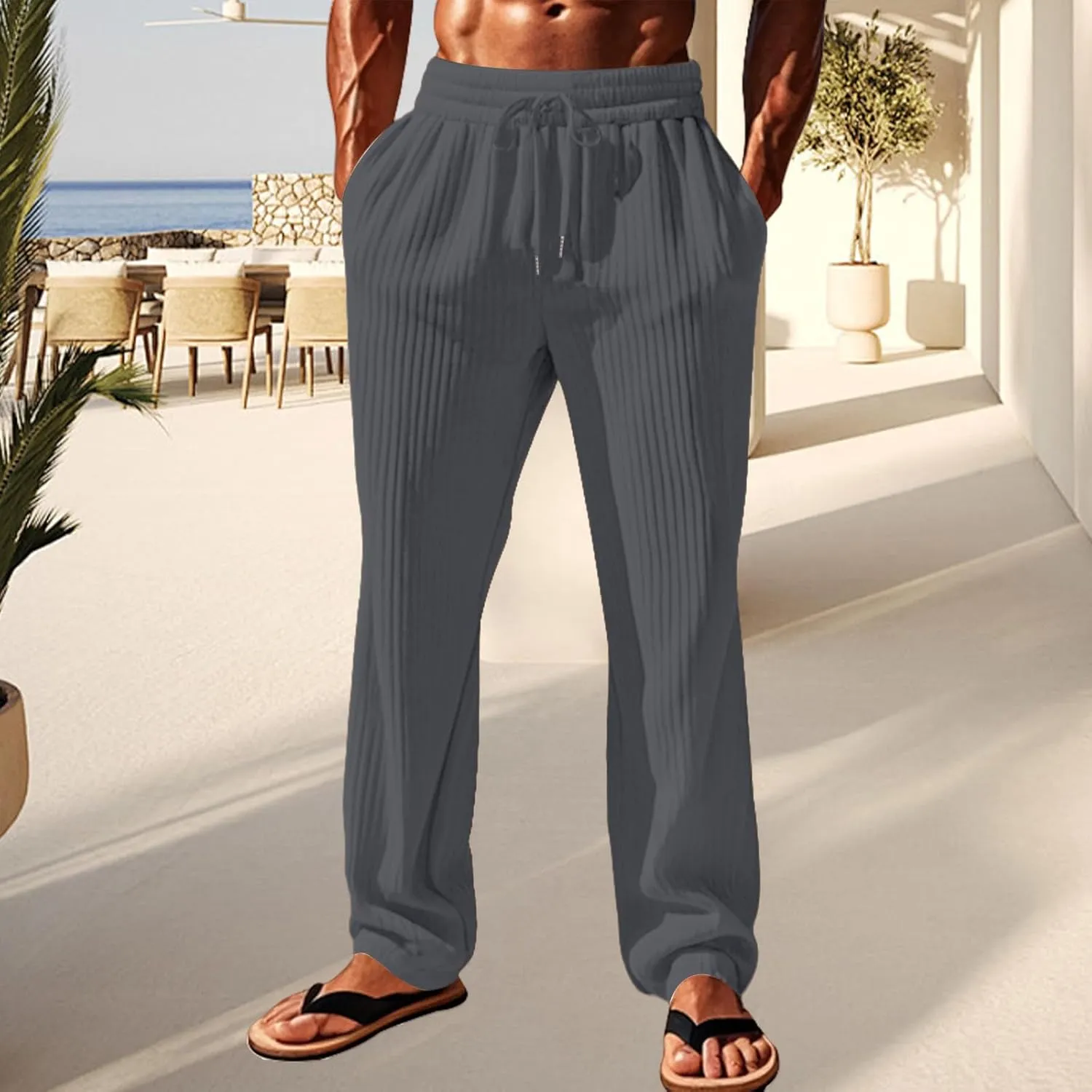 Men's Stylish Trousers Vertical Stripes Athletic Pants Solid Baggy Casual Pants Outdoor Athletic Trouser with Pockets