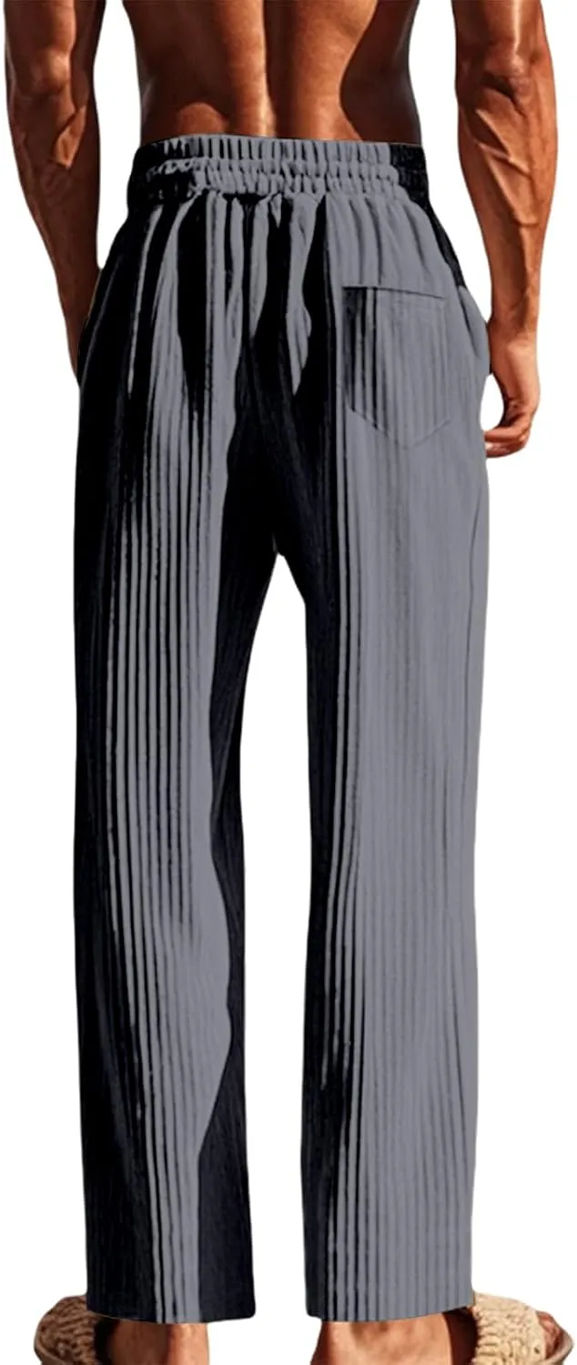 Men's Stylish Trousers Vertical Stripes Athletic Pants Solid Baggy Casual Pants Outdoor Athletic Trouser with Pockets