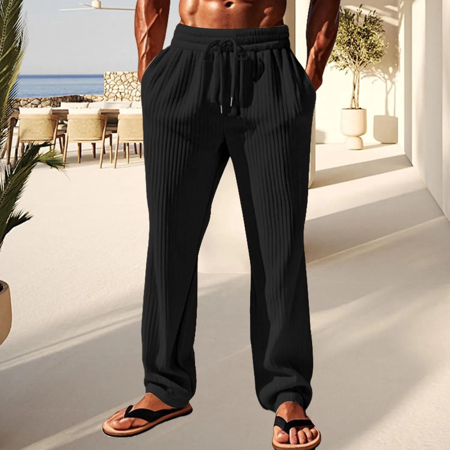 Men's Stylish Trousers Vertical Stripes Athletic Pants Solid Baggy Casual Pants Outdoor Athletic Trouser with Pockets