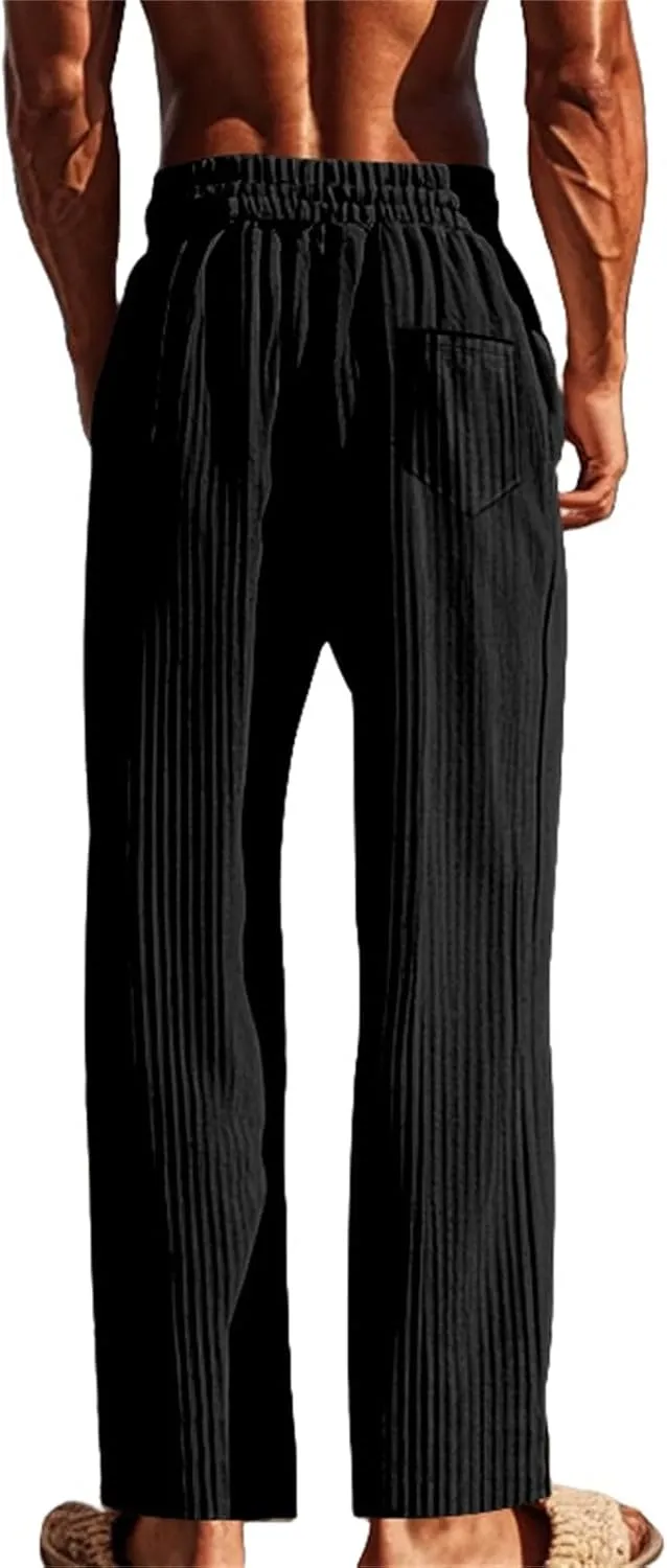 Men's Stylish Trousers Vertical Stripes Athletic Pants Solid Baggy Casual Pants Outdoor Athletic Trouser with Pockets
