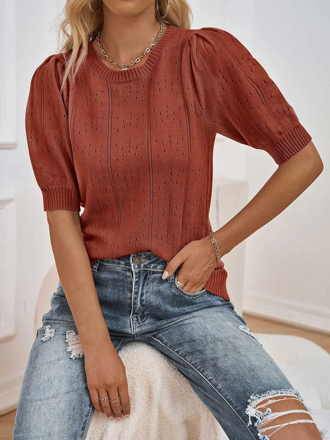 MEROKEETY Women's 2025 Spring Puff Short Sleeve Sweater Tops Crew Neck Crochet Knit Soft Pullover Shirt
