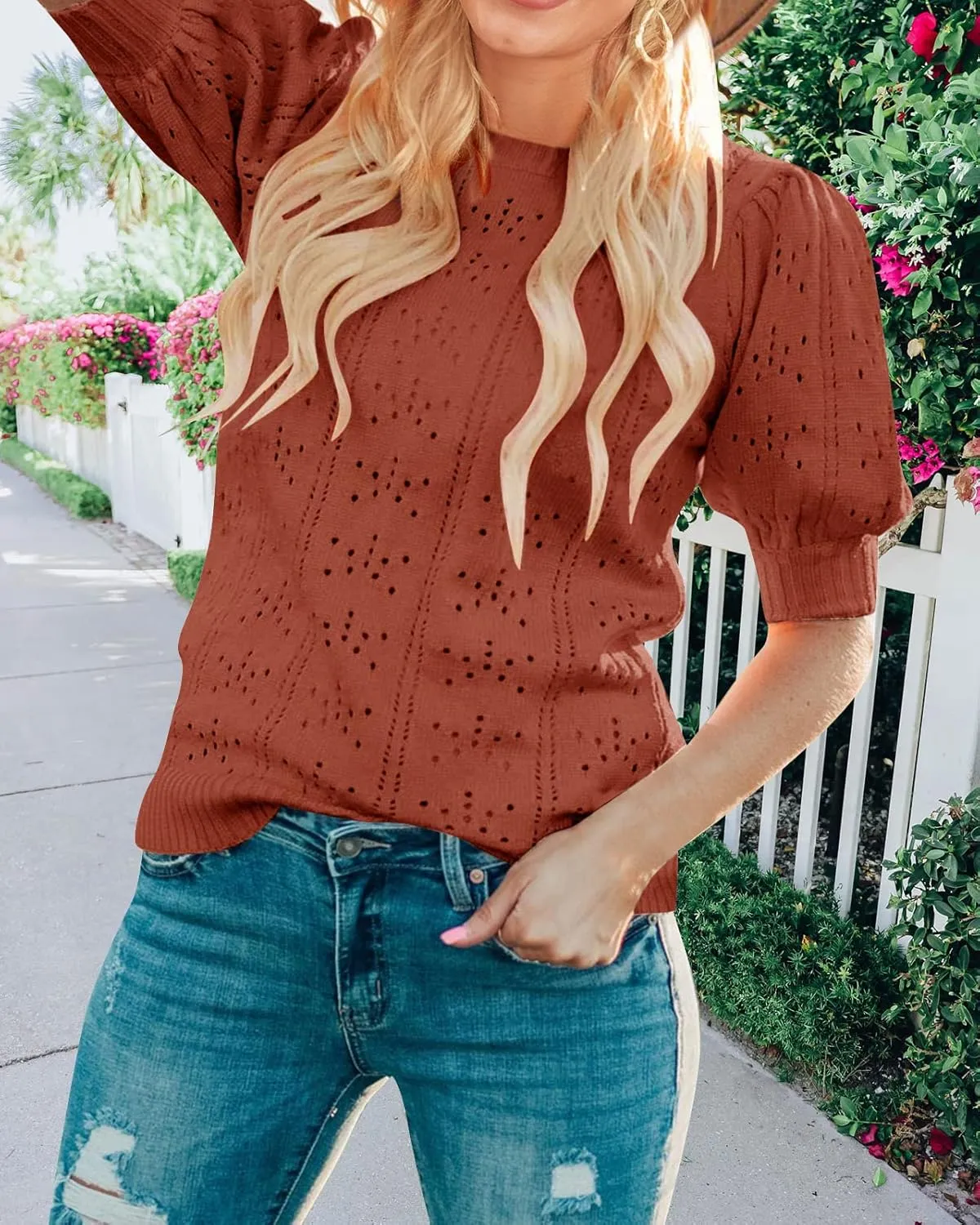 MEROKEETY Women's 2025 Spring Puff Short Sleeve Sweater Tops Crew Neck Crochet Knit Soft Pullover Shirt
