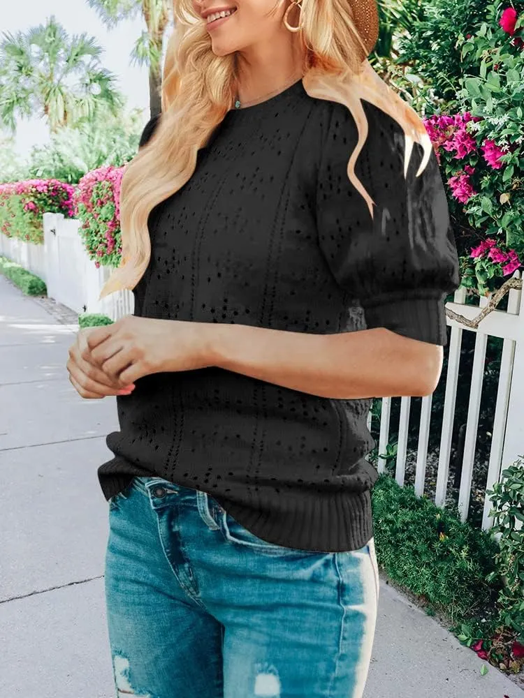 MEROKEETY Women's 2025 Spring Puff Short Sleeve Sweater Tops Crew Neck Crochet Knit Soft Pullover Shirt