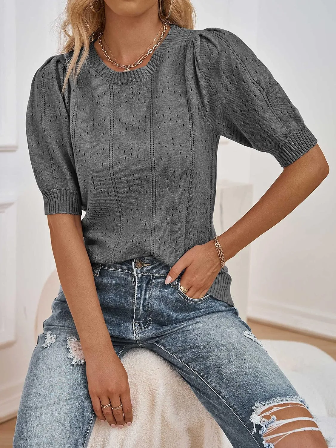 MEROKEETY Women's 2025 Spring Puff Short Sleeve Sweater Tops Crew Neck Crochet Knit Soft Pullover Shirt