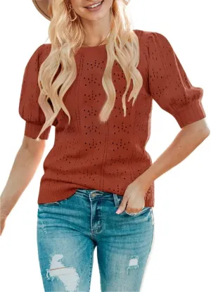 MEROKEETY Women's 2025 Spring Puff Short Sleeve Sweater Tops Crew Neck Crochet Knit Soft Pullover Shirt
