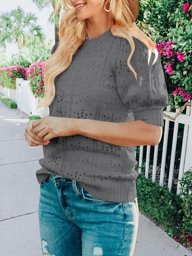 MEROKEETY Women's 2025 Spring Puff Short Sleeve Sweater Tops Crew Neck Crochet Knit Soft Pullover Shirt