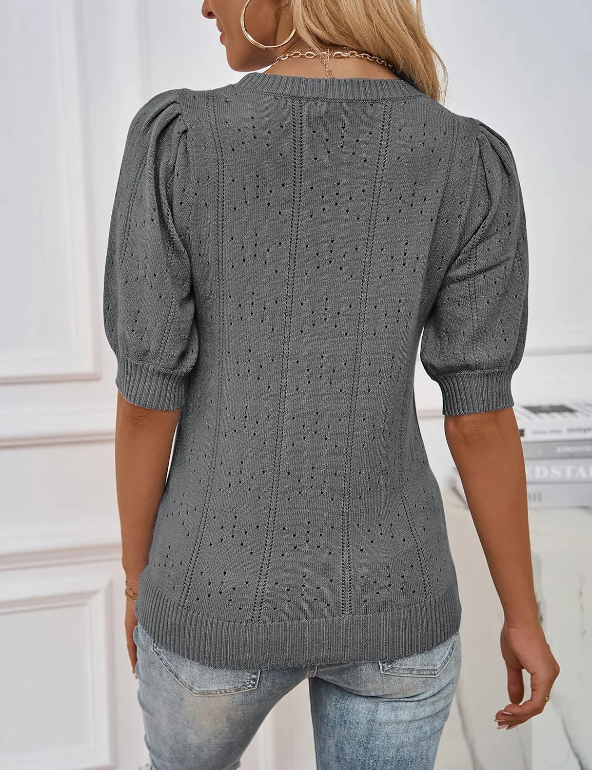 MEROKEETY Women's 2025 Spring Puff Short Sleeve Sweater Tops Crew Neck Crochet Knit Soft Pullover Shirt