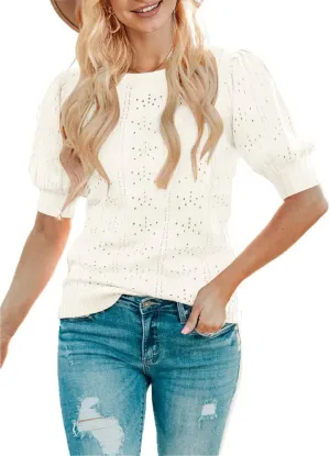 MEROKEETY Women's 2025 Spring Puff Short Sleeve Sweater Tops Crew Neck Crochet Knit Soft Pullover Shirt