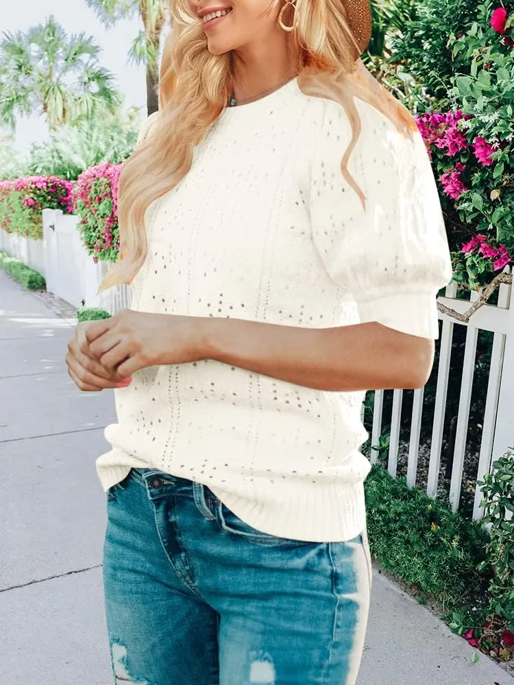MEROKEETY Women's 2025 Spring Puff Short Sleeve Sweater Tops Crew Neck Crochet Knit Soft Pullover Shirt