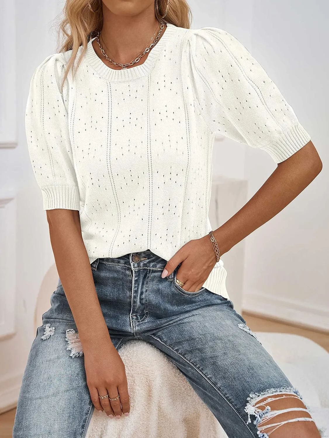 MEROKEETY Women's 2025 Spring Puff Short Sleeve Sweater Tops Crew Neck Crochet Knit Soft Pullover Shirt