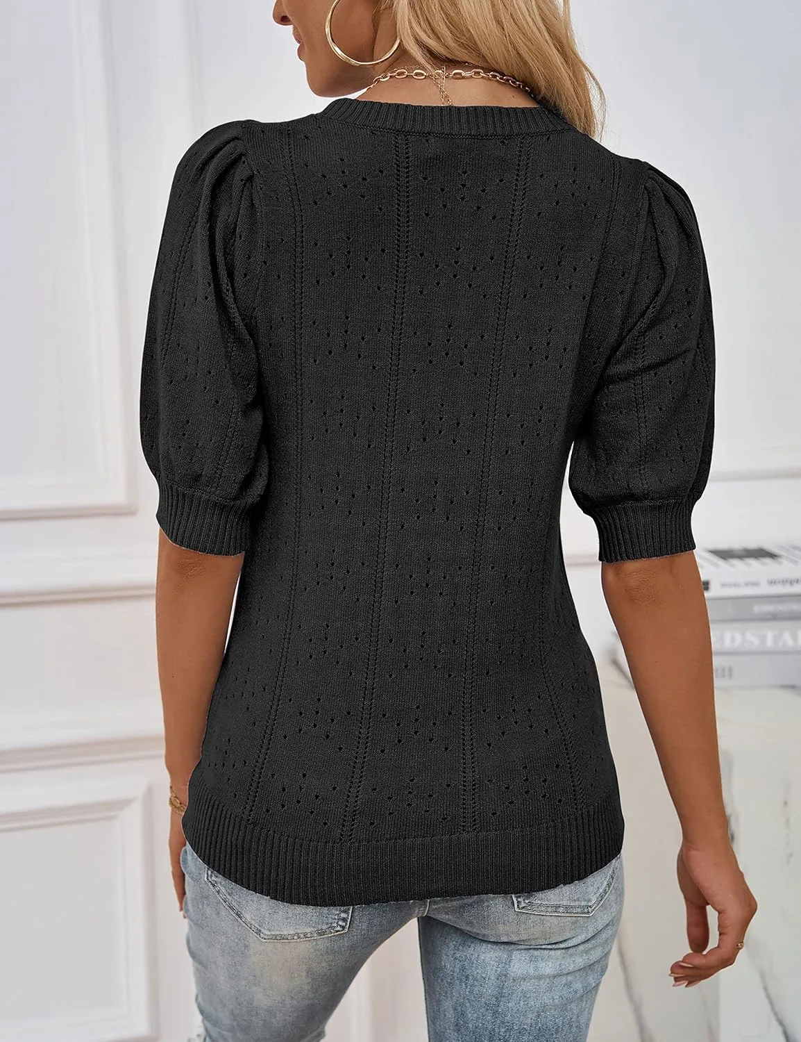 MEROKEETY Women's 2025 Spring Puff Short Sleeve Sweater Tops Crew Neck Crochet Knit Soft Pullover Shirt