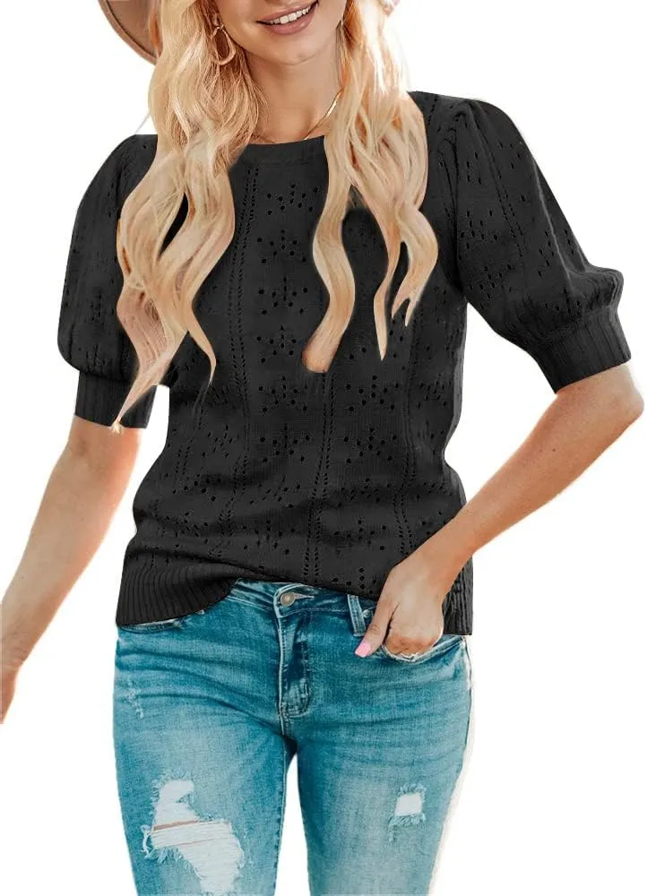 MEROKEETY Women's 2025 Spring Puff Short Sleeve Sweater Tops Crew Neck Crochet Knit Soft Pullover Shirt