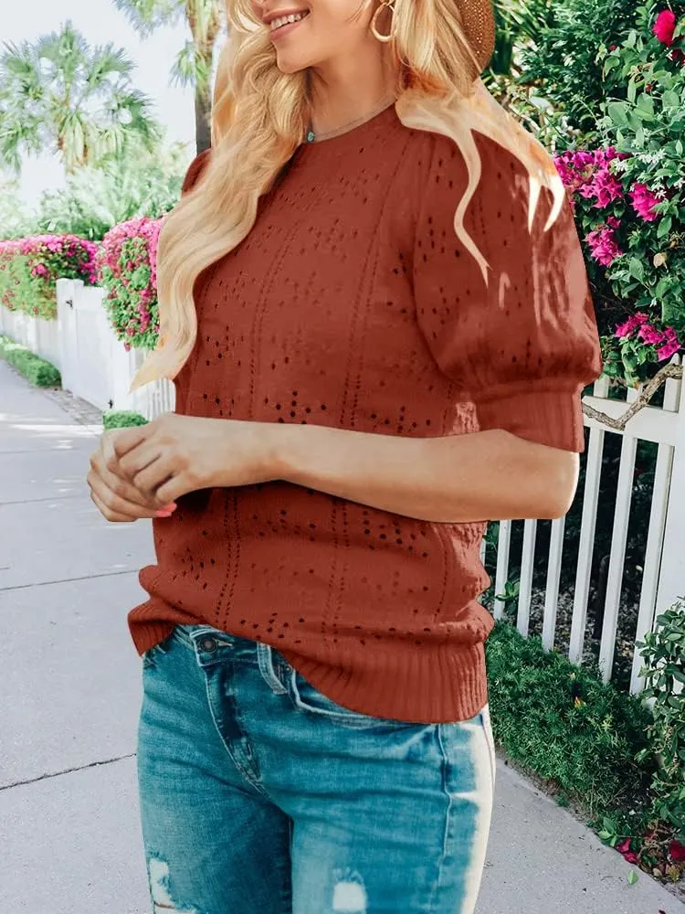 MEROKEETY Women's 2025 Spring Puff Short Sleeve Sweater Tops Crew Neck Crochet Knit Soft Pullover Shirt