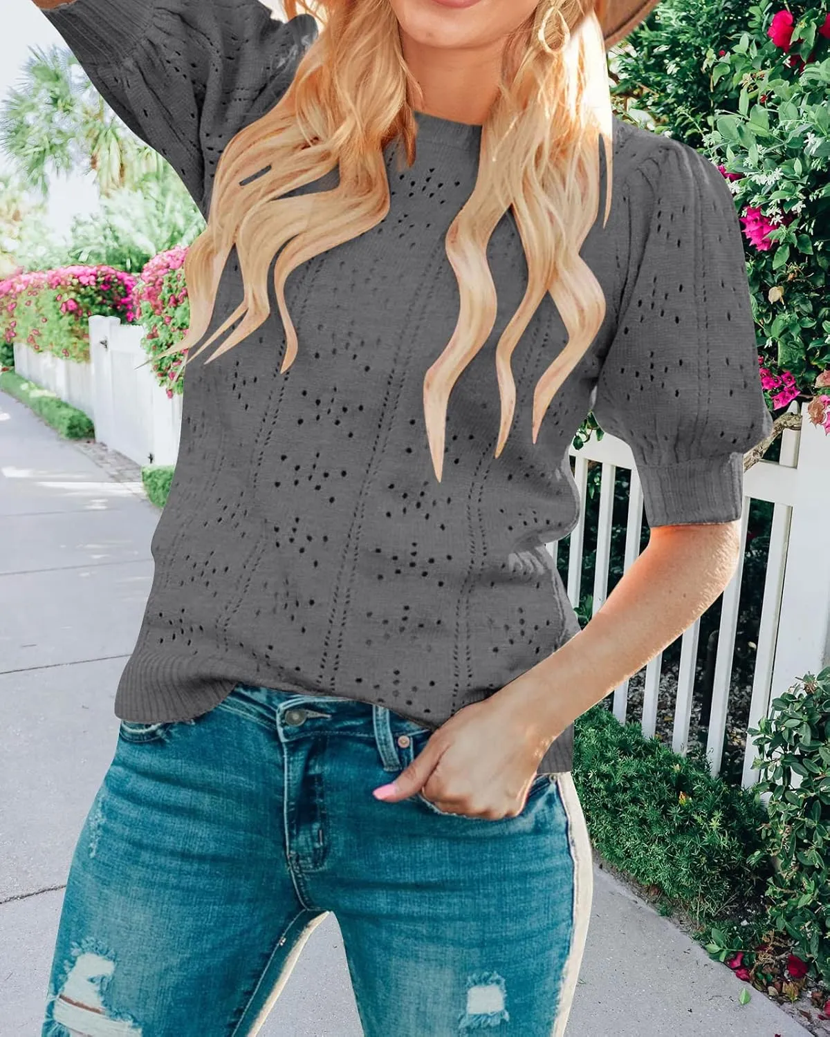 MEROKEETY Women's 2025 Spring Puff Short Sleeve Sweater Tops Crew Neck Crochet Knit Soft Pullover Shirt
