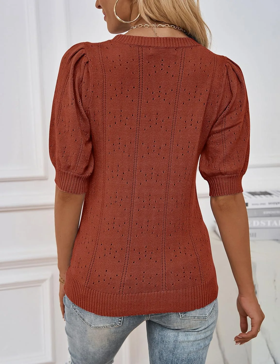 MEROKEETY Women's 2025 Spring Puff Short Sleeve Sweater Tops Crew Neck Crochet Knit Soft Pullover Shirt