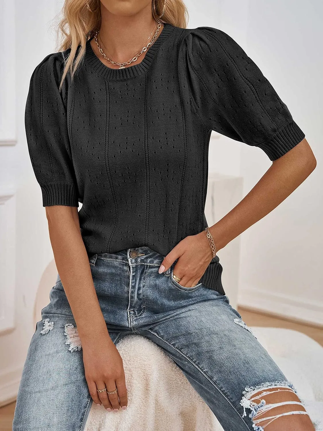 MEROKEETY Women's 2025 Spring Puff Short Sleeve Sweater Tops Crew Neck Crochet Knit Soft Pullover Shirt