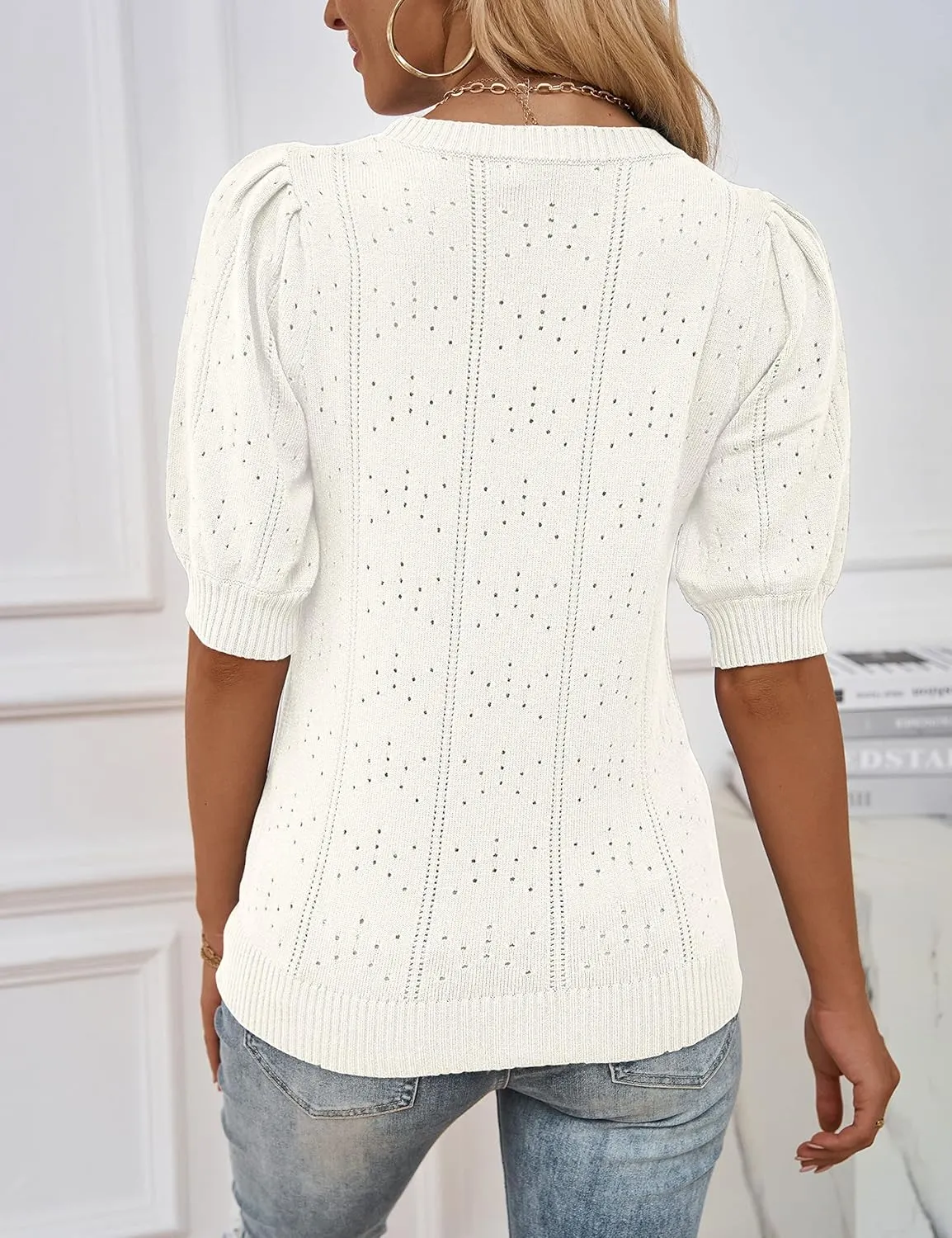 MEROKEETY Women's 2025 Spring Puff Short Sleeve Sweater Tops Crew Neck Crochet Knit Soft Pullover Shirt