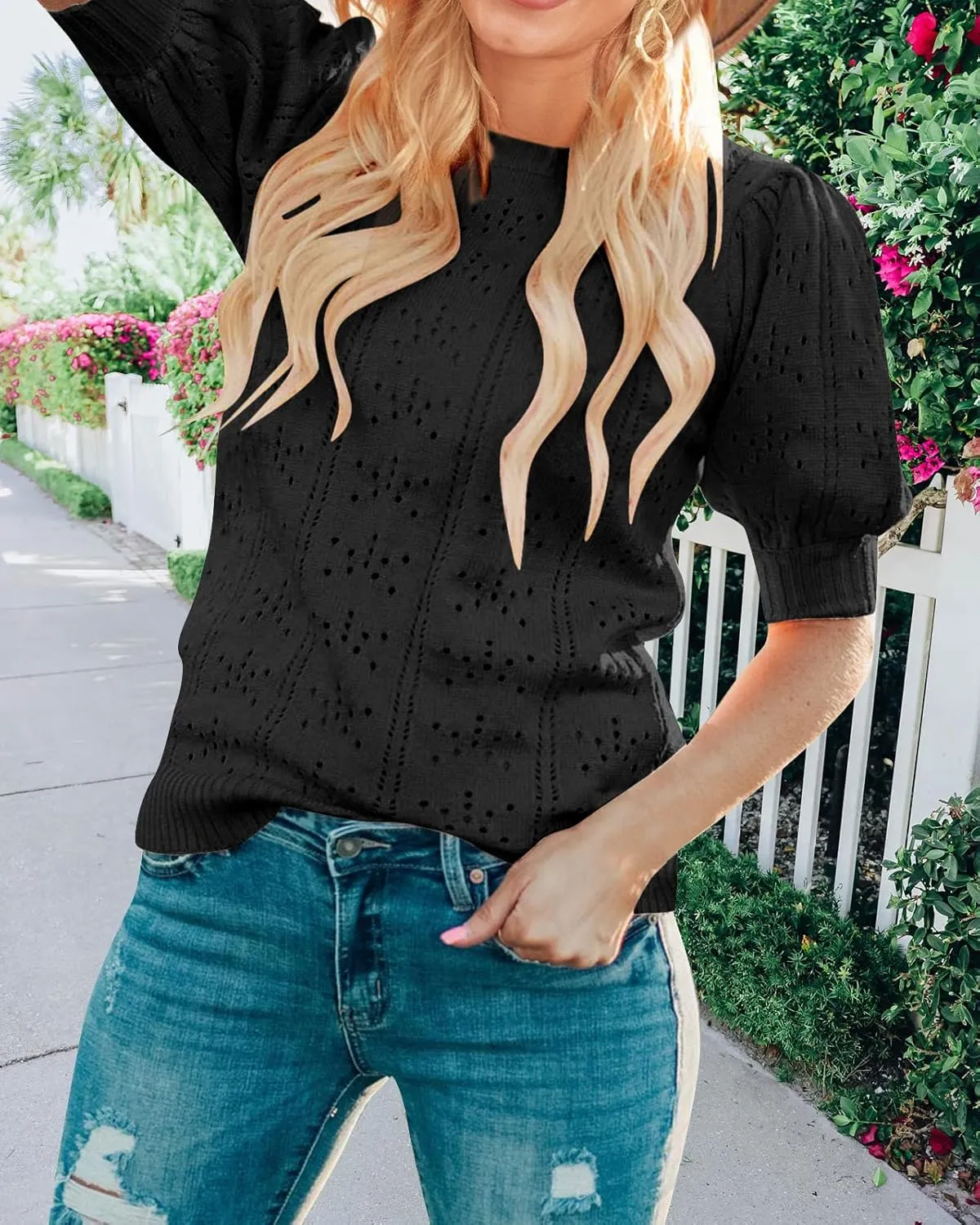 MEROKEETY Women's 2025 Spring Puff Short Sleeve Sweater Tops Crew Neck Crochet Knit Soft Pullover Shirt