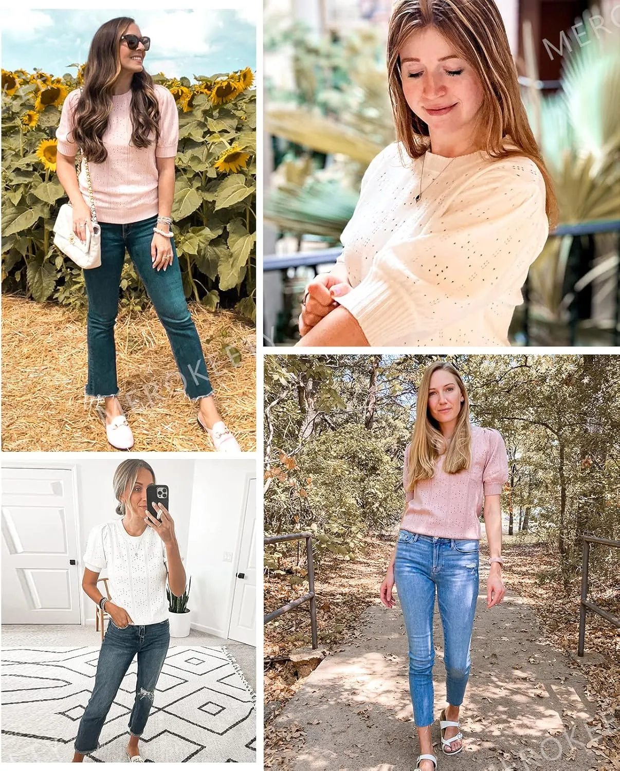 MEROKEETY Women's 2025 Spring Puff Short Sleeve Sweater Tops Crew Neck Crochet Knit Soft Pullover Shirt