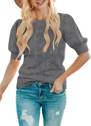 MEROKEETY Women's 2025 Spring Puff Short Sleeve Sweater Tops Crew Neck Crochet Knit Soft Pullover Shirt