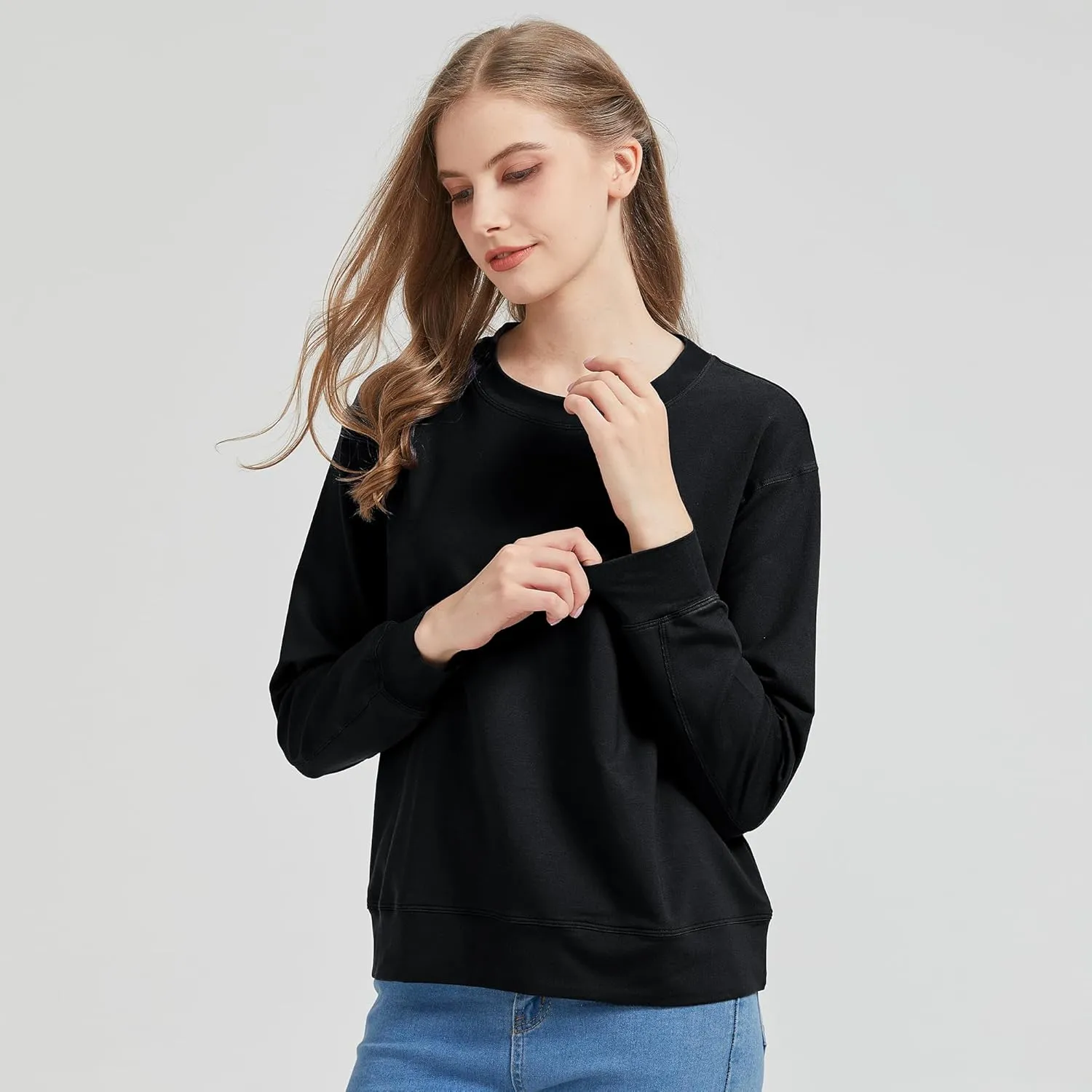 netdraw Women's Midweight Bamboo Viscose Sweatshirt Oversized Soft Crew Neck Cotton French Terry Pullover Tops