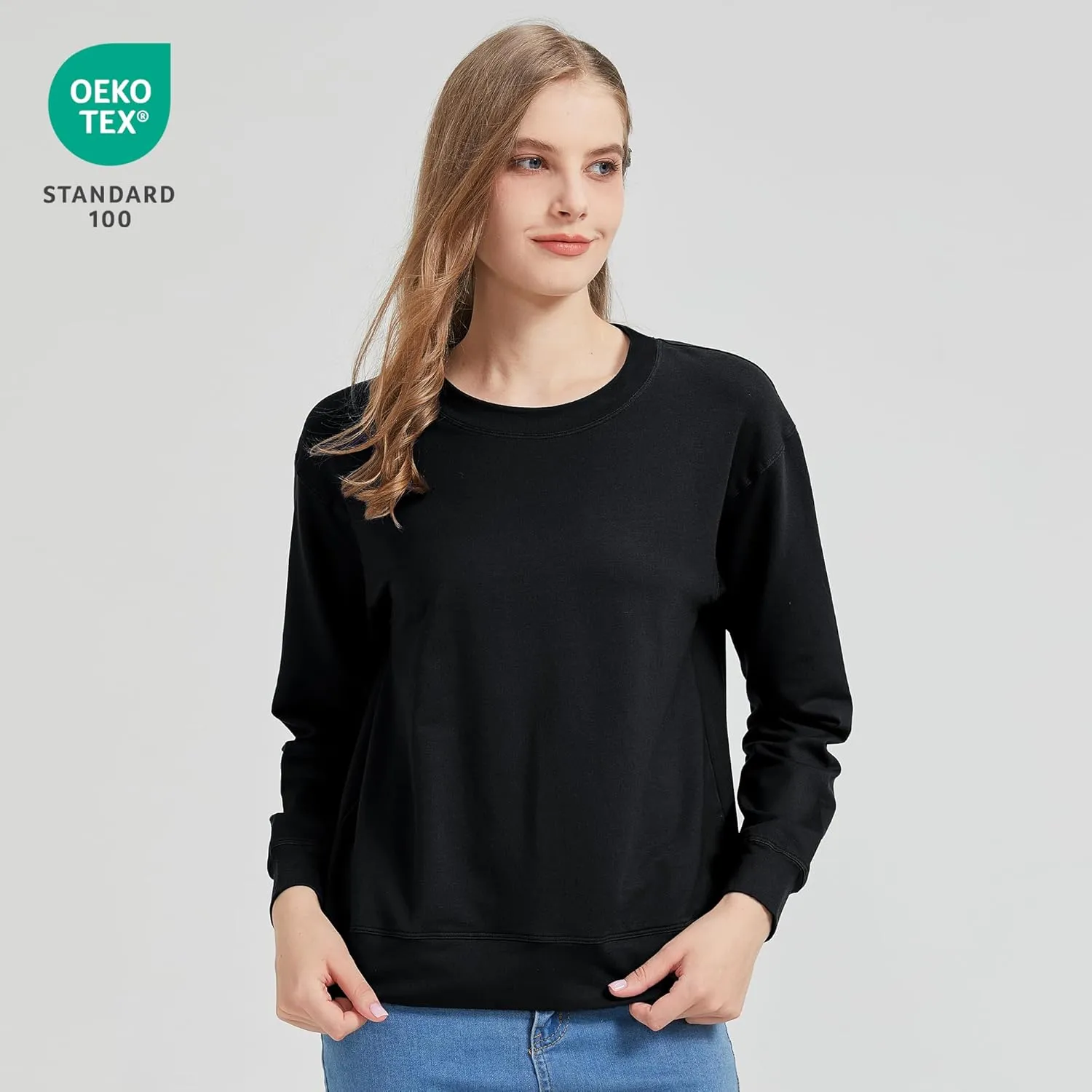 netdraw Women's Midweight Bamboo Viscose Sweatshirt Oversized Soft Crew Neck Cotton French Terry Pullover Tops