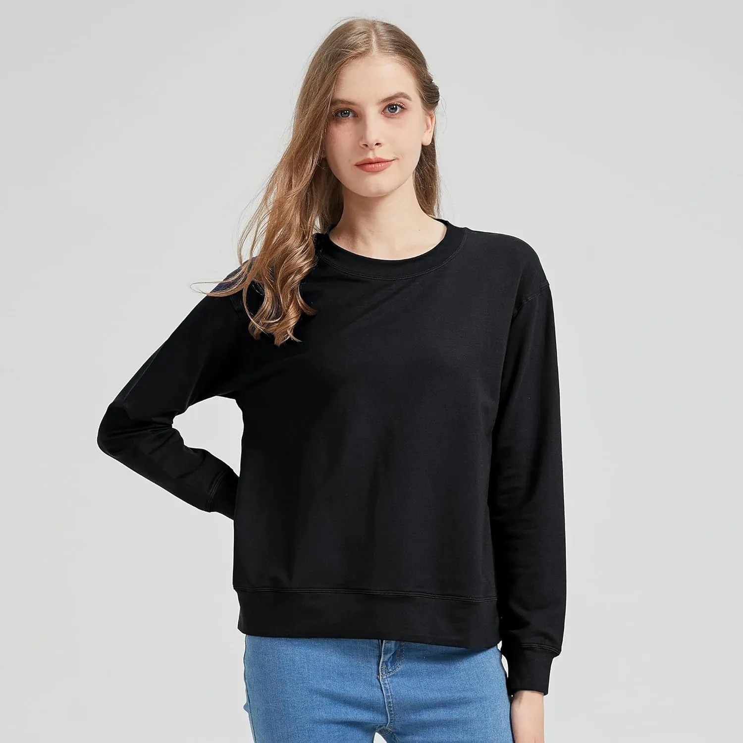 netdraw Women's Midweight Bamboo Viscose Sweatshirt Oversized Soft Crew Neck Cotton French Terry Pullover Tops