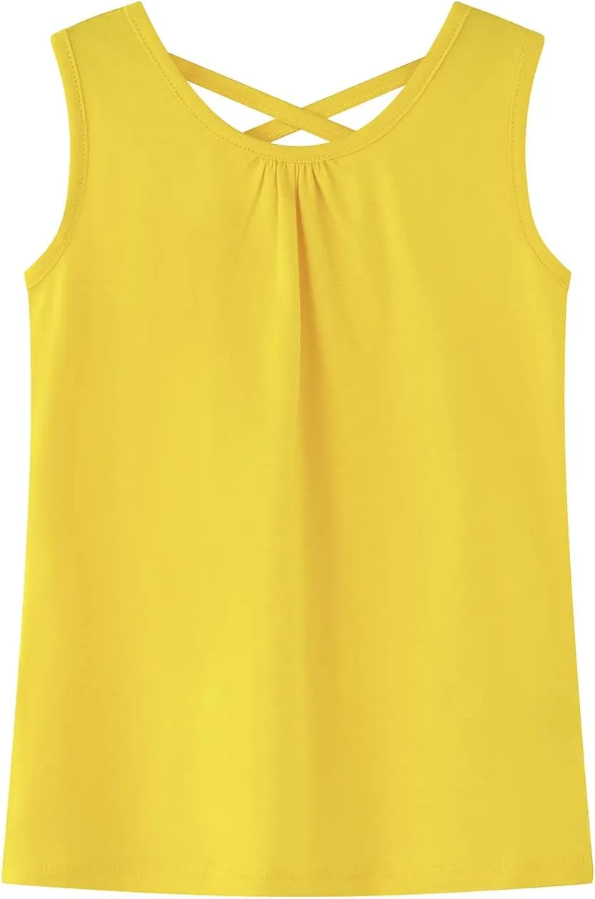Noomelfish Girls Criss Cross Back Tank Tops Soft Jersey Cotton Sleeveless Shirts (3-12 Years)