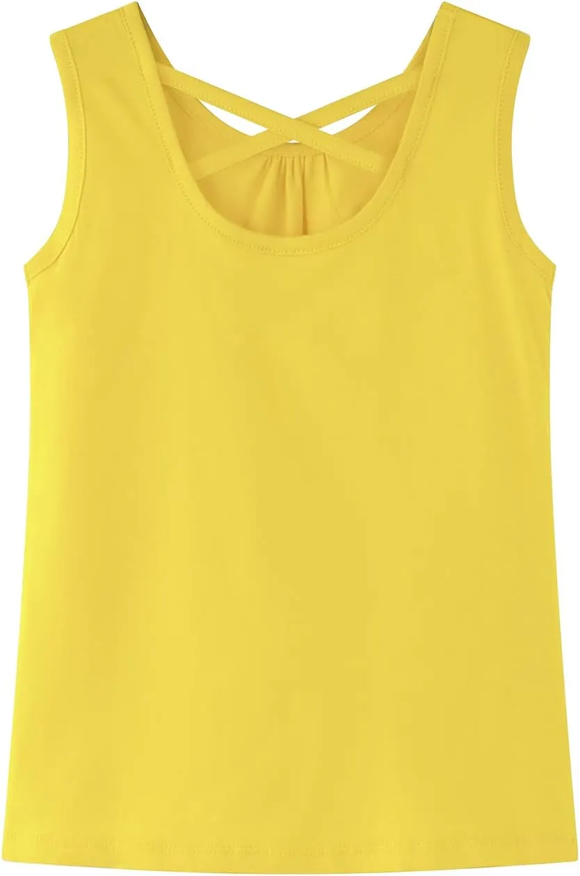 Noomelfish Girls Criss Cross Back Tank Tops Soft Jersey Cotton Sleeveless Shirts (3-12 Years)
