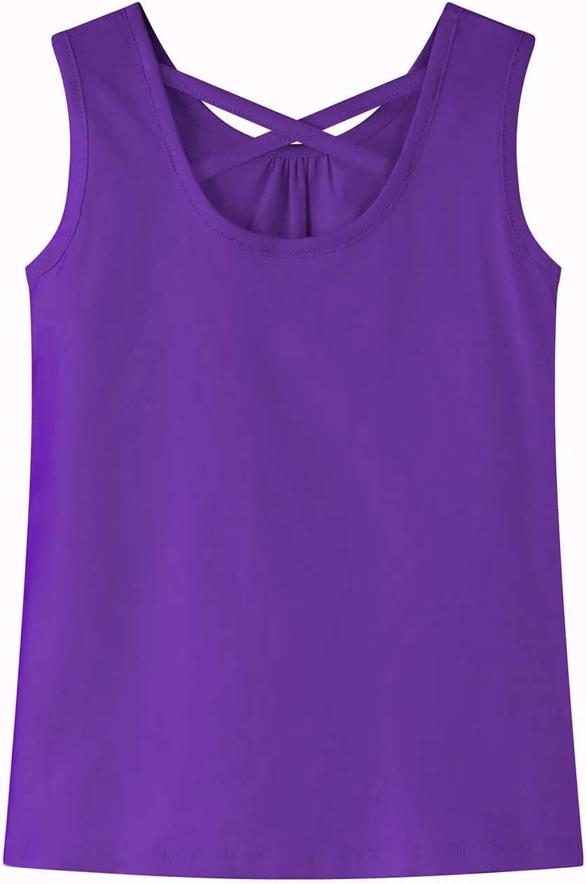 Noomelfish Girls Criss Cross Back Tank Tops Soft Jersey Cotton Sleeveless Shirts (3-12 Years)