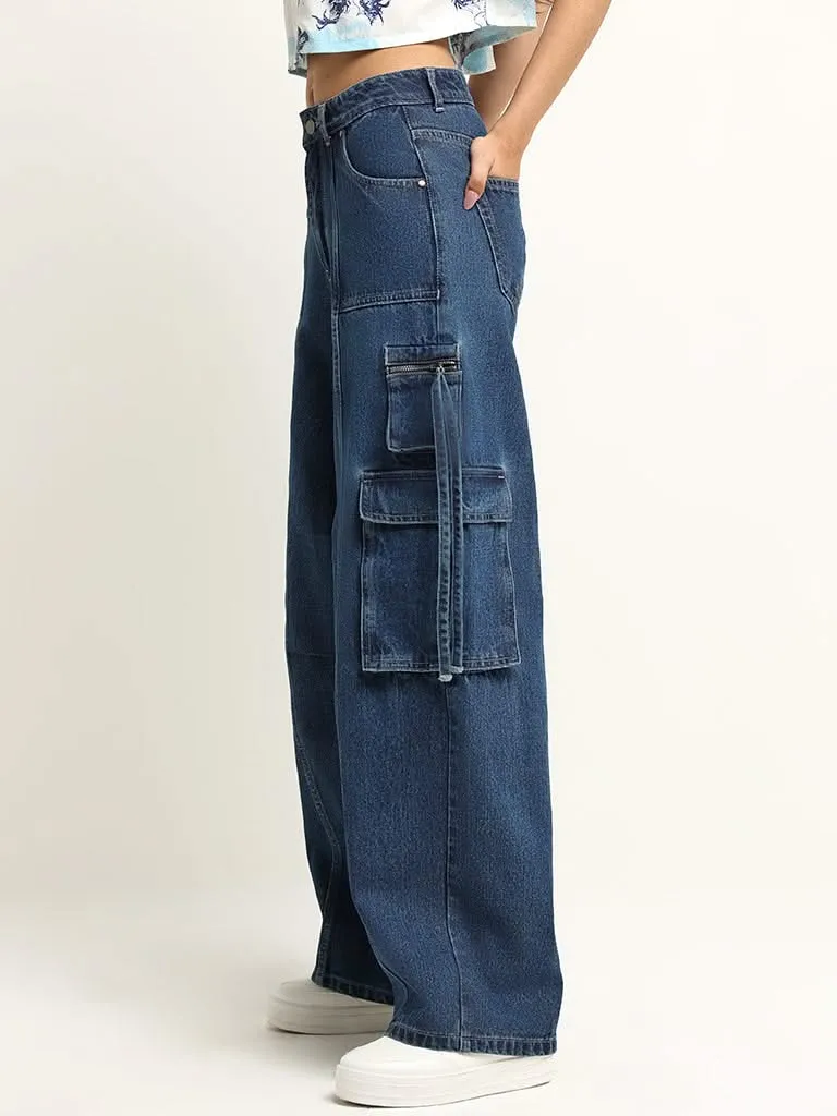 Nuon Blue Wide-Leg High Rise Cargo Denim Jeans