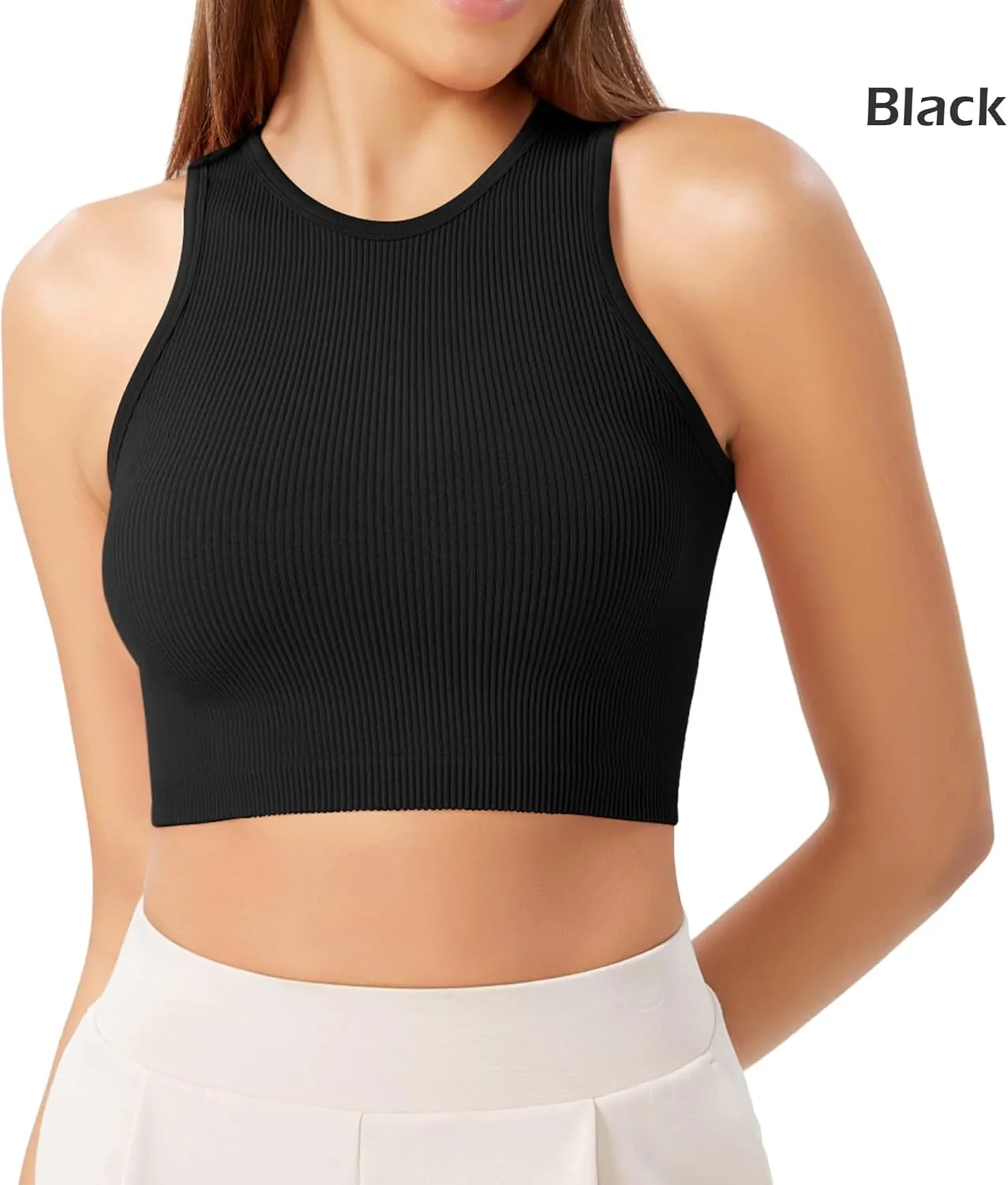 ODODOS 3-Pack Seamless Crop Tank for Women Ribbed Soft High Neck Cropped Tops
