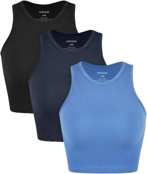ODODOS 3-Pack Seamless Crop Tank for Women Ribbed Soft High Neck Cropped Tops
