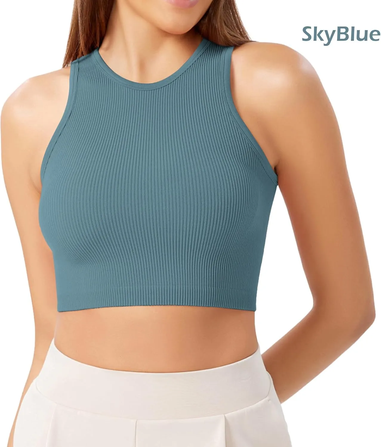ODODOS 3-Pack Seamless Crop Tank for Women Ribbed Soft High Neck Cropped Tops