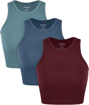 ODODOS 3-Pack Seamless Crop Tank for Women Ribbed Soft High Neck Cropped Tops
