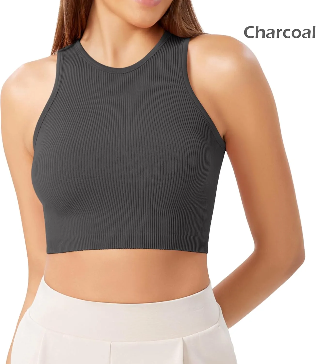 ODODOS 3-Pack Seamless Crop Tank for Women Ribbed Soft High Neck Cropped Tops
