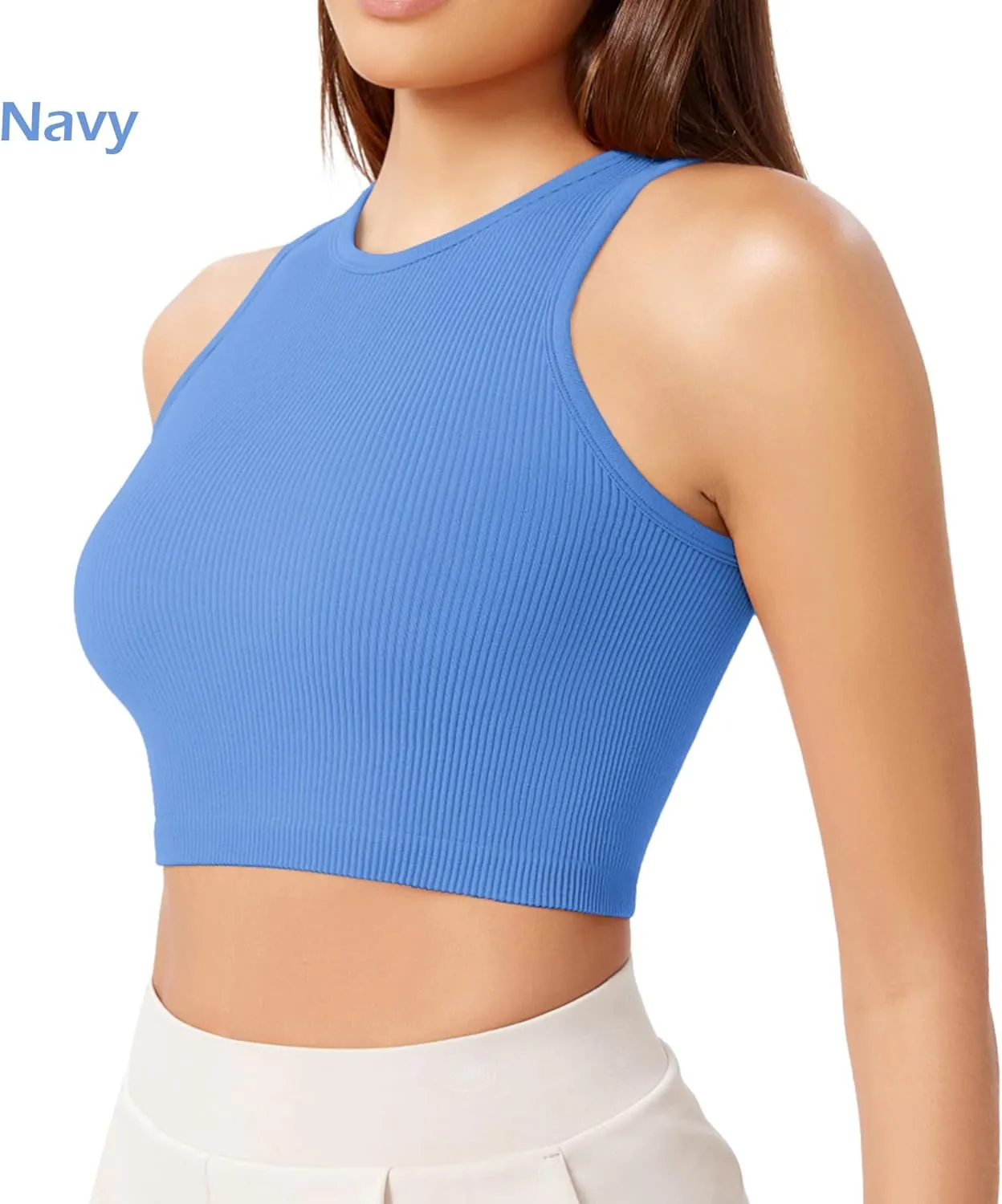 ODODOS 3-Pack Seamless Crop Tank for Women Ribbed Soft High Neck Cropped Tops