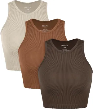 ODODOS 3-Pack Seamless Crop Tank for Women Ribbed Soft High Neck Cropped Tops