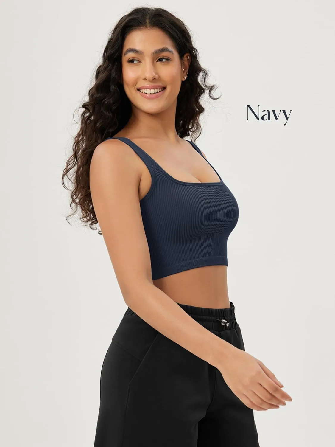 ODODOS 3-Pack Seamless Square Neck Crop Tank for Women Ribbed Knit Soft Low Back Cropped Tops
