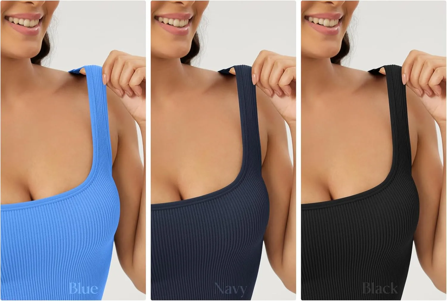 ODODOS 3-Pack Seamless Square Neck Crop Tank for Women Ribbed Knit Soft Low Back Cropped Tops