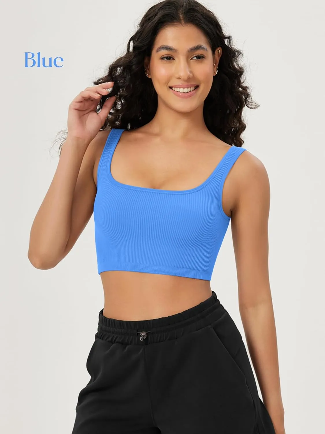 ODODOS 3-Pack Seamless Square Neck Crop Tank for Women Ribbed Knit Soft Low Back Cropped Tops