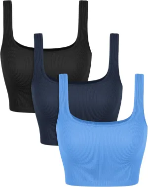 ODODOS 3-Pack Seamless Square Neck Crop Tank for Women Ribbed Knit Soft Low Back Cropped Tops
