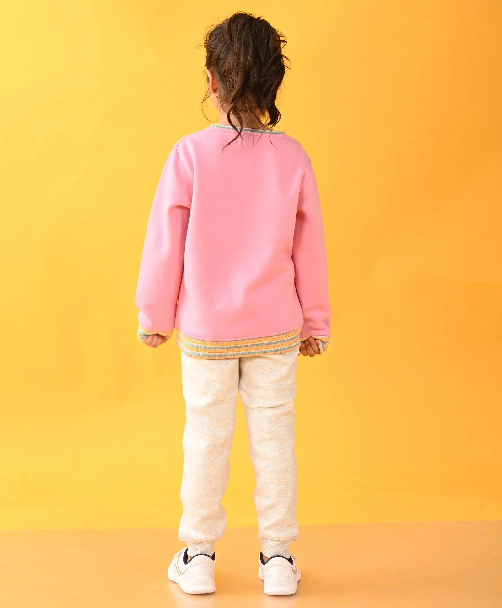 PINK SUNSHINE MULTICOLORED RIB FLEECE SWEATSHIRT ECRU JOGGER SET - PINK  / ECRU