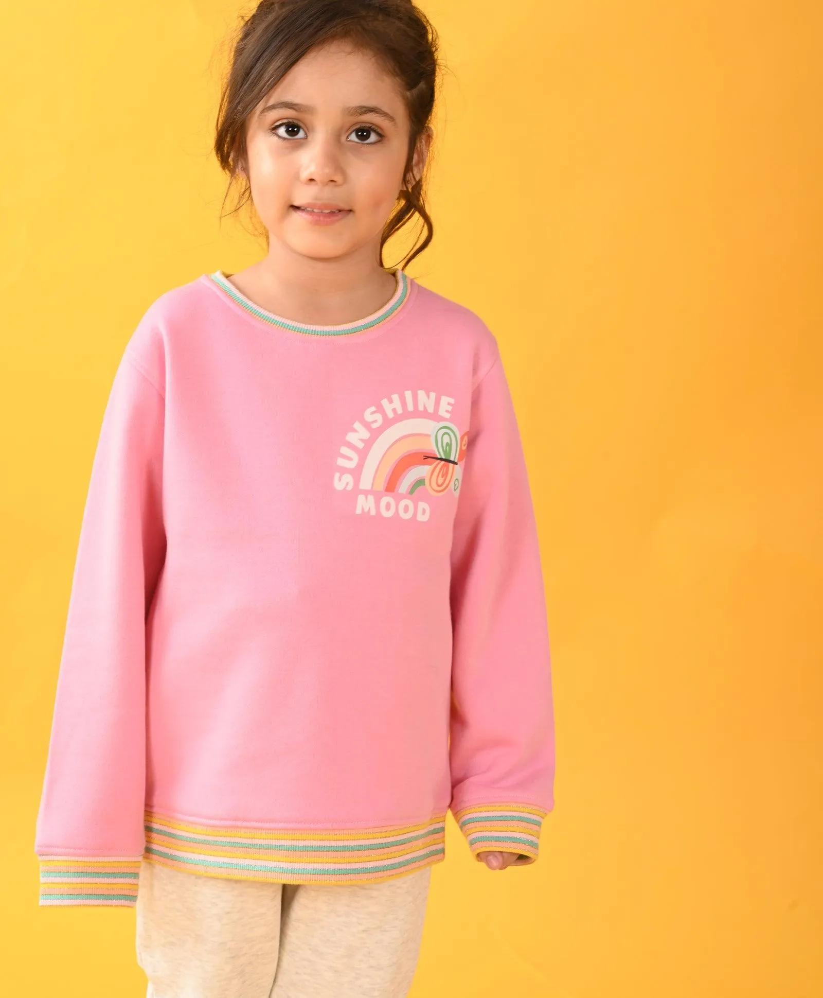 PINK SUNSHINE MULTICOLORED RIB FLEECE SWEATSHIRT ECRU JOGGER SET - PINK  / ECRU