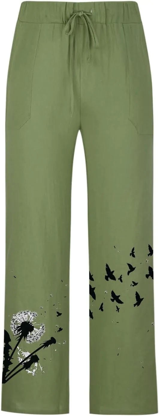 Plus Size Linen Pants Casual Stylish Cotton Linen Trousers Loose Drawstring Elastic Waist Print Solid Sweatpants